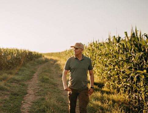 a farmer walking through a corn field